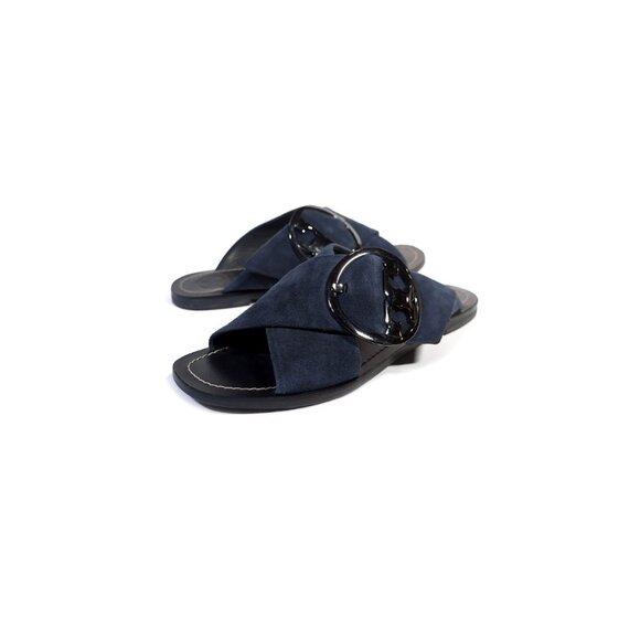 TORY BURCH Sandals Blue Suede Slide 'THAMES' Womens Size 6.5 - Picture 2 of 9